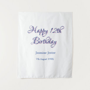 glücklicher 12. Geburtstag blau pink Name Datum ei Wandteppich
