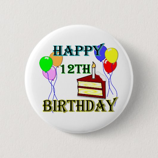 Glücklicher 12. Geburtstag mit Kuchen, Ballonen Button (Vorderseite)