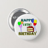 Glücklicher 12. Geburtstag mit Kuchen, Ballonen Button (Vorne & Hinten)
