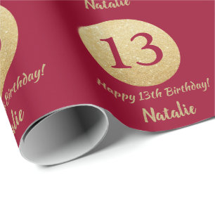 Glücklicher 13. Geburtstag Burgunder Red and Gold  Geschenkpapier