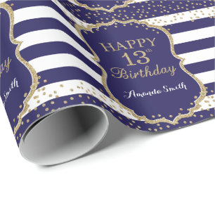 Glücklicher 13. Geburtstag Gold Glitzer und Navy  Geschenkpapier