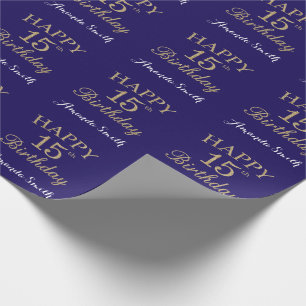Glücklicher 15. Geburtstag Gold Glitzer und Navy B Geschenkpapier