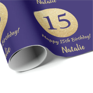 Glücklicher 15. Geburtstag Navy Blue und Gold Glit Geschenkpapier
