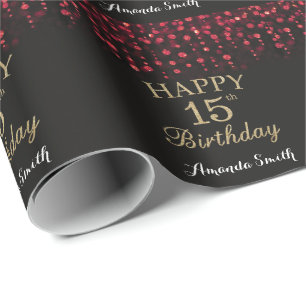 Glücklicher 15. Geburtstag Red Black and Gold Glit Geschenkpapier