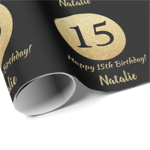 Glücklicher 15. Geburtstag Schwarz und Gold Glitz Geschenkpapier