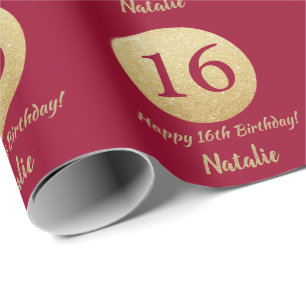 Glücklicher 16. Geburtstag Burgund Red und Gold G Geschenkpapier