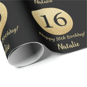 Glücklicher 16. Geburtstags-Schwarz-Gold-Glitzer Geschenkpapier
