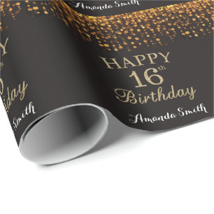 Glücklicher 16. Geburtstags-Schwarz-Gold-Glitzer Geschenkpapier