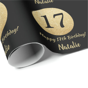 Glücklicher 17. Geburtstag Schwarz und Gold Glitz Geschenkpapier