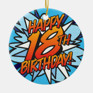 GLÜCKLICHER 18. GEBURTSTAG Foto-Spaß Retro-Comic-B Keramik Ornament