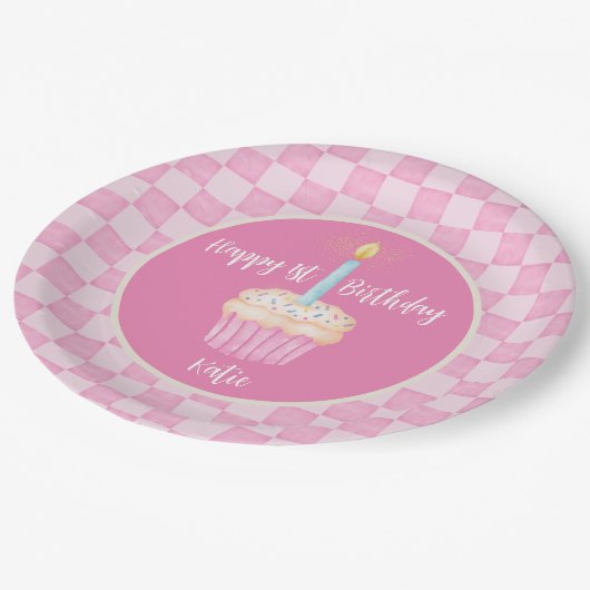 Glücklicher 1. Geburtstag Cupcake Pappteller (Schrägansicht)