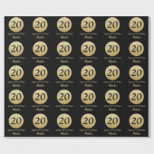 Glücklicher 20. Geburtstag Schwarz und Gold Glitze Geschenkpapier (Flach)