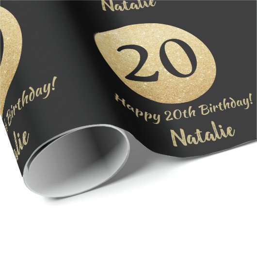 Glücklicher 20. Geburtstag Schwarz und Gold Glitze Geschenkpapier (Rolleneckpunkt)