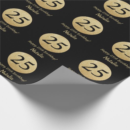 Glücklicher 25. Geburtstag Schwarz und Gold Glitze Geschenkpapier (Ecke)