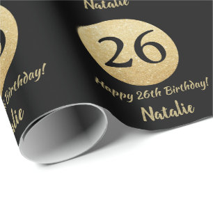 Glücklicher 26. Geburtstag Schwarz und Gold Glitze Geschenkpapier