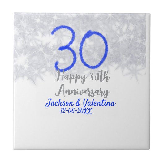 Glücklicher 30. Hochzeitstag silberner blauer Glit Fliese (Vorderseite)