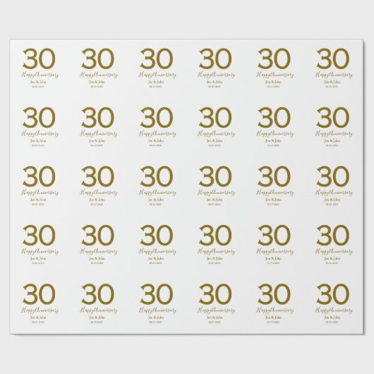 Glücklicher 30-jähriger Jubiläumsname Datum golden Geschenkpapier (Flach)