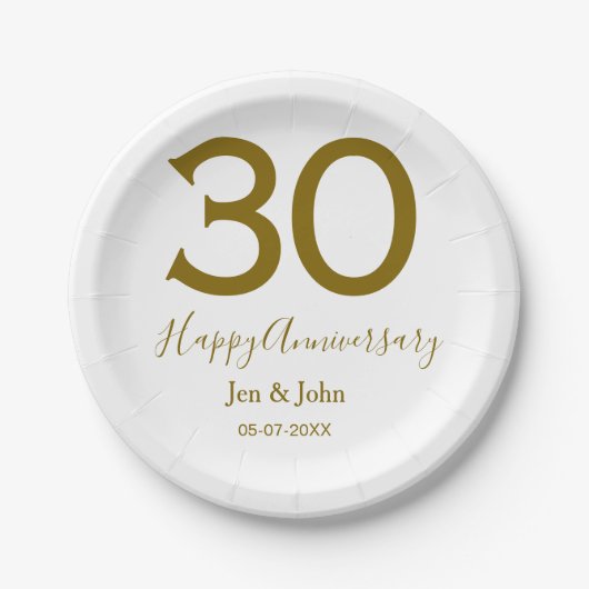 Glücklicher 30-jähriger Jubiläumsname Datum golden Pappteller (Vorderseite)