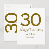Glücklicher 30-jähriger Jubiläumsname Datum golden Postkarte (Vorne/Hinten)