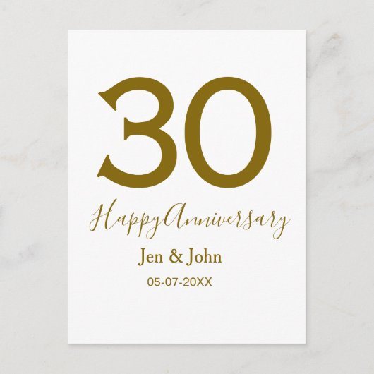 Glücklicher 30-jähriger Jubiläumsname Datum golden Postkarte (Vorderseite)