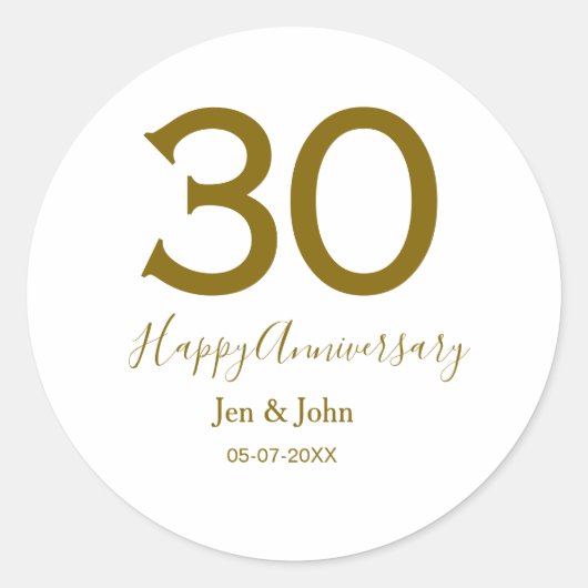 Glücklicher 30-jähriger Jubiläumsname Datum golden Runder Aufkleber (Vorderseite)