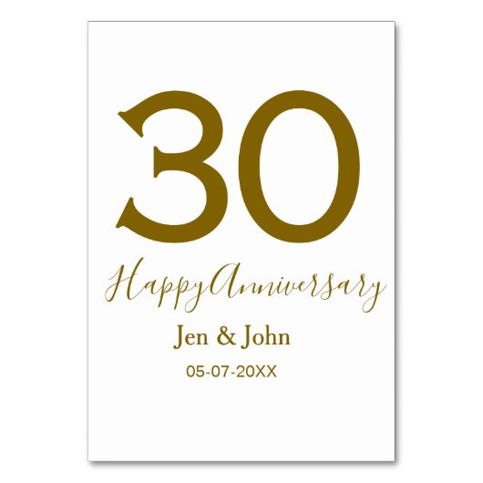 Glücklicher 30-jähriger Jubiläumsname Datum golden Tischnummer (Vorderseite)
