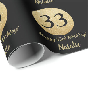 Glücklicher 33. Geburtstag Schwarz und Gold Glitz Geschenkpapier