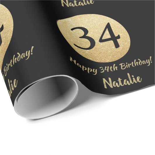 Glücklicher 34. Geburtstag Schwarz und Gold Glitze Geschenkpapier (Rolleneckpunkt)