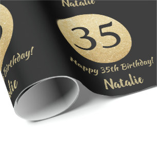 Glücklicher 35. Geburtstag Schwarz und Gold Glitz Geschenkpapier