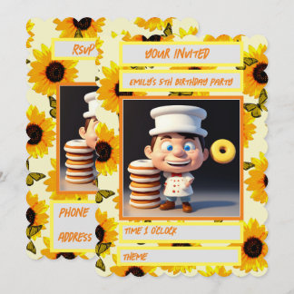 Glücklicher 3D-Donut-Koch auf gelben Sonnenblumen, Einladung