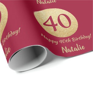 Glücklicher 40. Geburtstag Burgunder Red and Gold Geschenkpapier