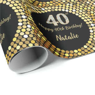 Glücklicher 40. Geburtstag Schwarz und Gold Glitz Geschenkpapier