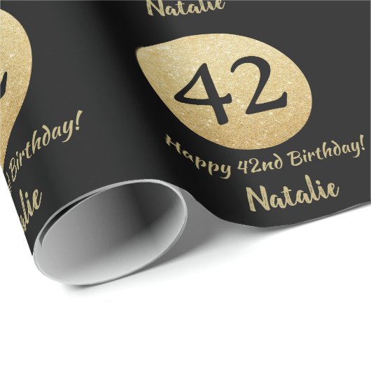 Glücklicher 42. Geburtstag Schwarz und Gold Glitze Geschenkpapier (Rolleneckpunkt)