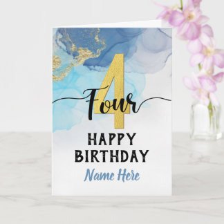 Glücklicher 4. Geburtstag Watercolor Blue & gold B Karte