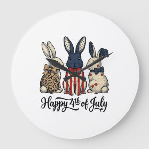 Glücklicher 4. Juli Patriotischer Hasen-Shirt-Desi Große Wanduhr