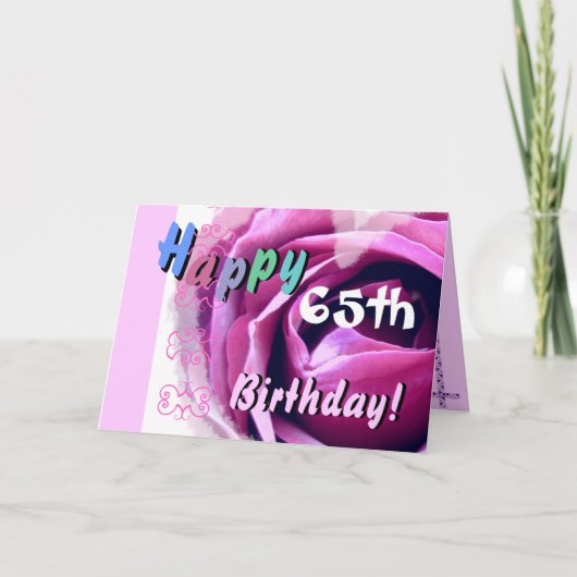 GLÜCKLICHER 65. GEBURTSTAG mit rosa Rose & blauer Karte (Vorderseite)