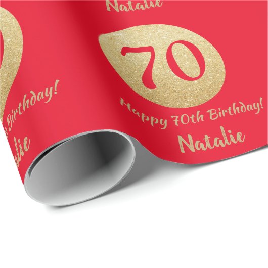 Glücklicher 70. Geburtstag Rot und Gold Glitzer Geschenkpapier (Rolleneckpunkt)