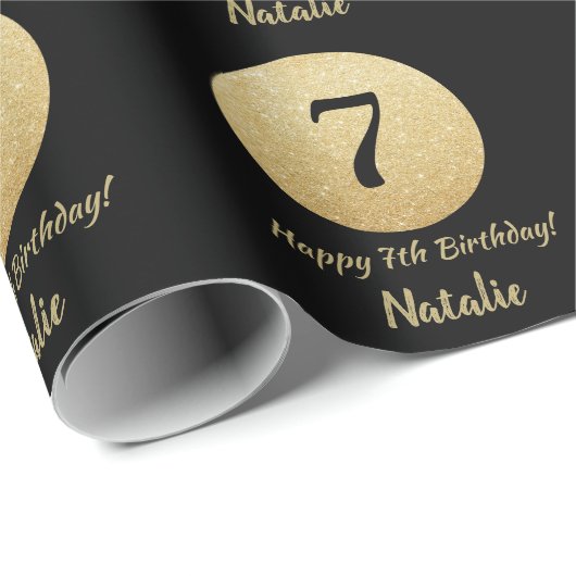 Glücklicher 7. Geburtstag Schwarz und Gold Glitzer Geschenkpapier (Rolleneckpunkt)