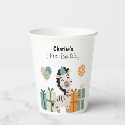 Glücklicher Affe mit Ballons und Geschenken, Gebur Pappbecher (Rückseite)