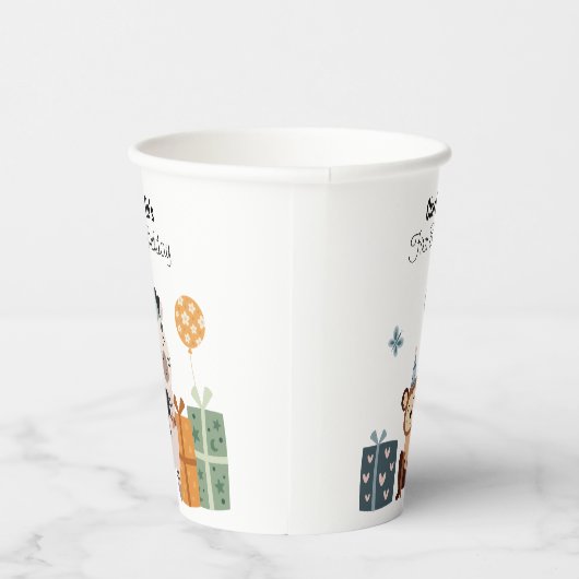 Glücklicher Affe mit Ballons und Geschenken, Gebur Pappbecher (Rechts)