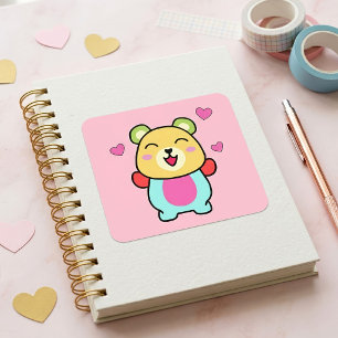 Glücklicher, Baby Teddy Bär mit Liebe Herz. Quadratischer Aufkleber