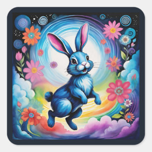 Glücklicher blauer Hase Traum Freude Quadratischer Aufkleber