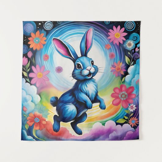 Glücklicher Blauer Hase Traum Freude Wandteppich (Vorderseite)