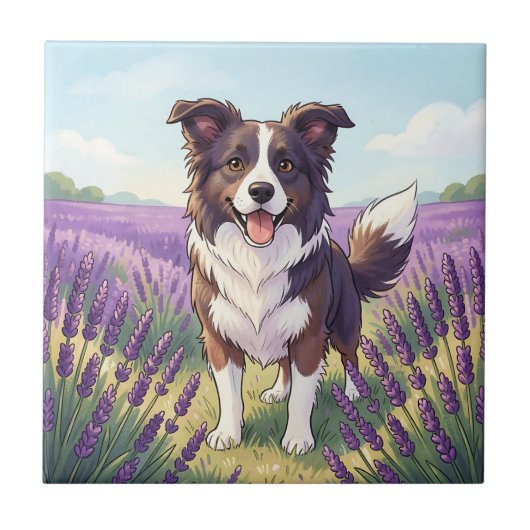 Glücklicher Border Collie auf einem Lavendelfeld Fliese (Vorderseite)