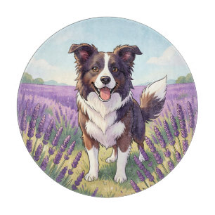 Glücklicher Border Collie auf einem Lavendelfeld Schneidebrett