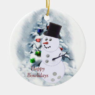 Glücklicher Bowlidays Schneemann Keramikornament