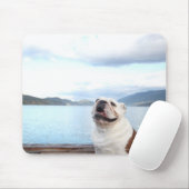 glücklicher Bullenhund sitzt auf Deck am See Mousepad (Mit Mouse)
