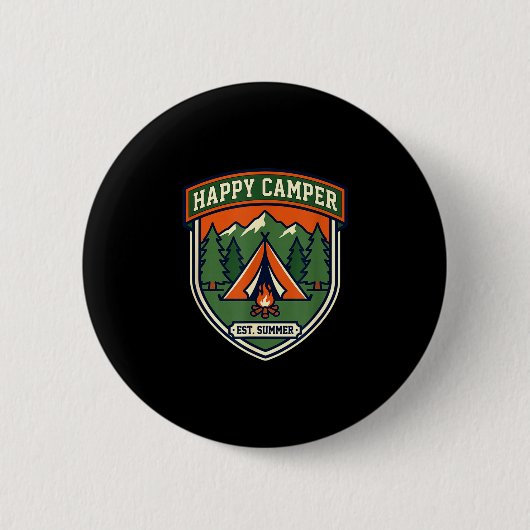 Glücklicher Camper-Abzeichen Zelt Berg Lagerfeuer Button (Vorderseite)