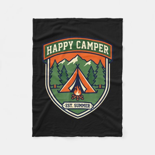 Glücklicher Camper-Abzeichen Zelt Berg Lagerfeuer Fleecedecke (Vorderseite)