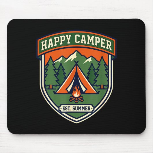 Glücklicher Camper-Abzeichen Zelt Berg Lagerfeuer Mousepad (Vorne)